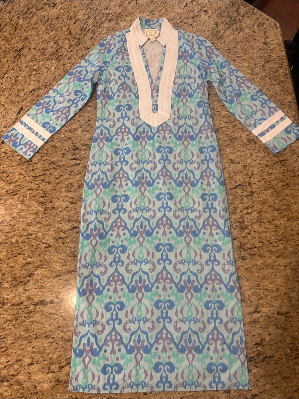 Sail to Sable | Blue & Green 100% Cotton Long Sleeve Caftan - Picture 2 of 16